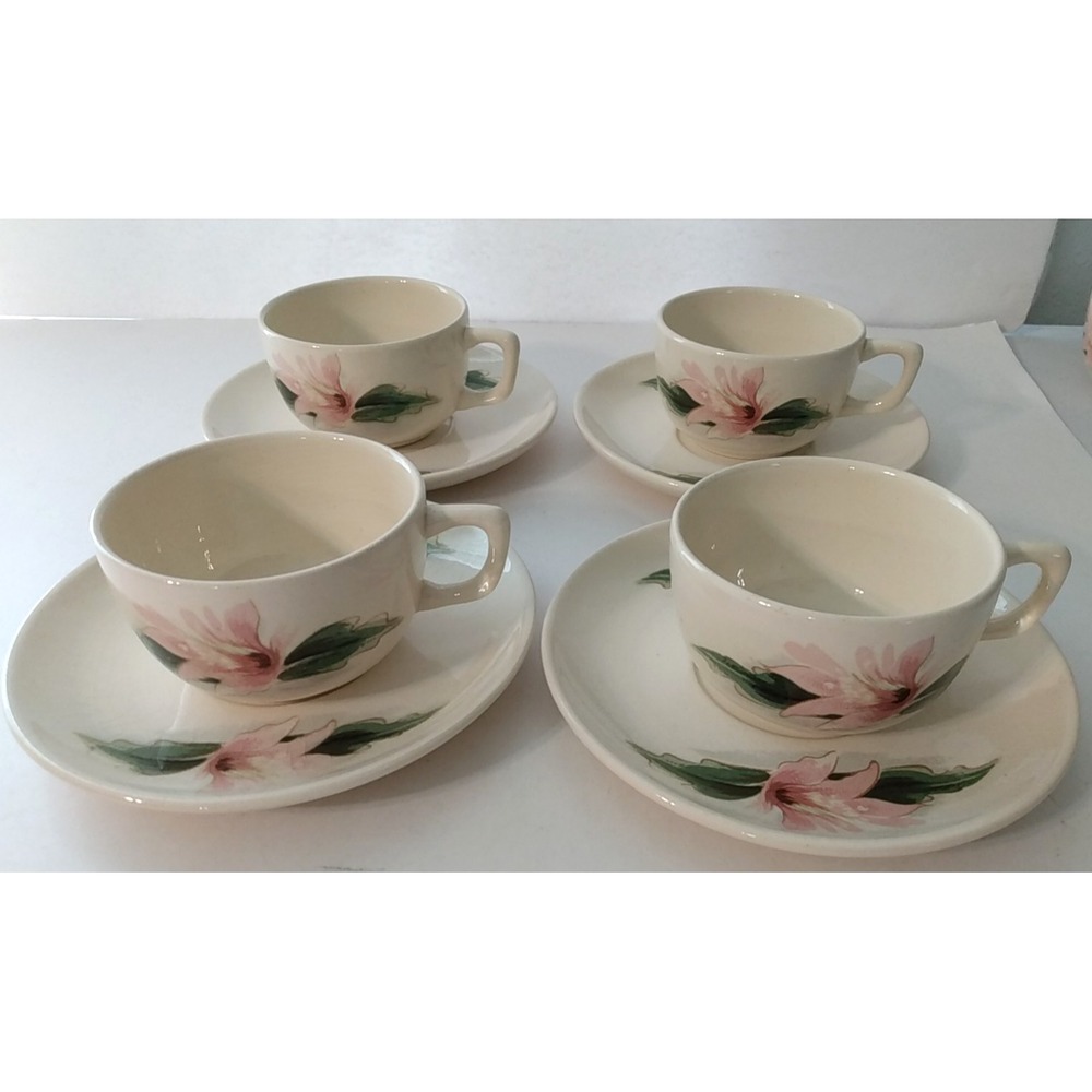 4 Bauer Pottery Cup & Saucer sets Epiphyllum 6 1/4 inch saucers VTG 1950s Rare